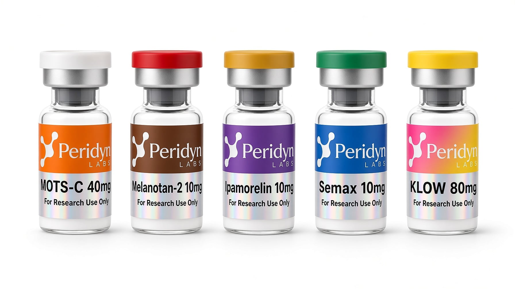 Peridyn Labs peptide reference vials with color-coded holographic labels